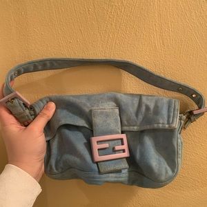 Fendi Vintage Zucca Baguette Blue Shoulder Bag